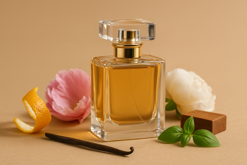 تصویر مینیمال از شیشه عطر لوکس با نت‌های مرکبات، گل صدتومانی، وانیل و چوب برای مقاله ترندهای عطر ۲۰۲۶