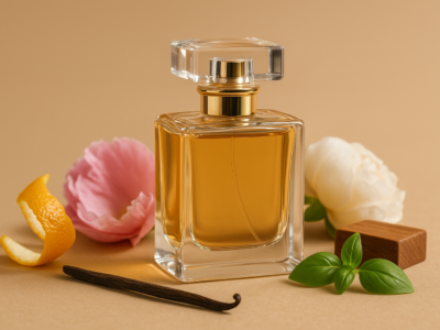 تصویر مینیمال از شیشه عطر لوکس با نت‌های مرکبات، گل صدتومانی، وانیل و چوب برای مقاله ترندهای عطر ۲۰۲۶
